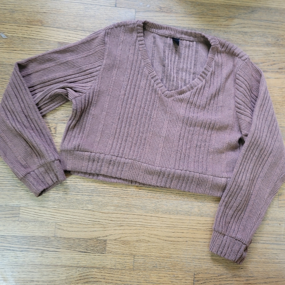 UO Soft Cropped V-Neck Ribbed Sweater - Brown Tan Chocolate Coffee